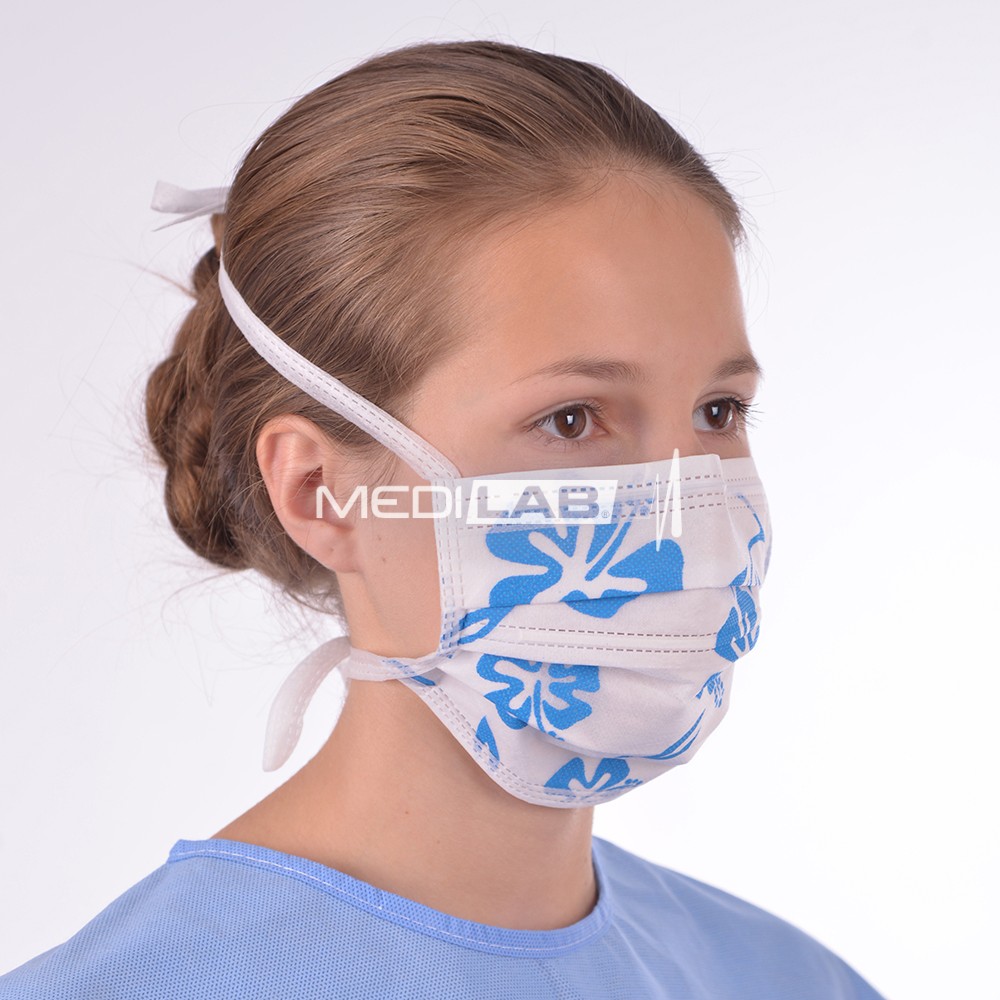 OP-Mundschutz 3-lg. mit Binden, blaue Blumen