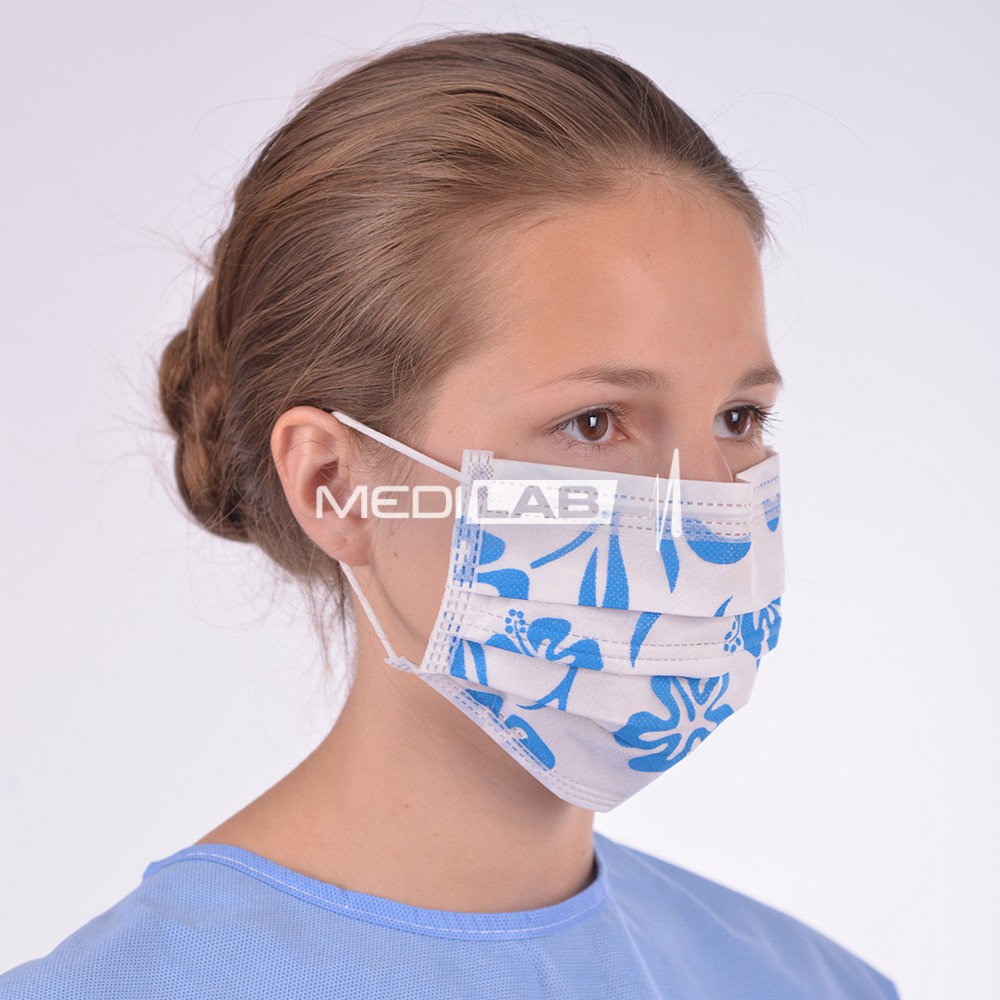 OP-Mundschutz 3-lg. mit Gummiband, blaue Blumen