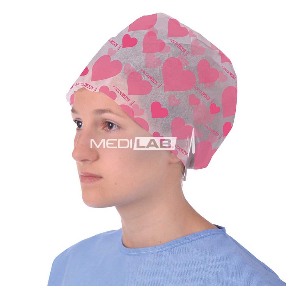 OP-Haube mit Gummiband, rosa Herzchen