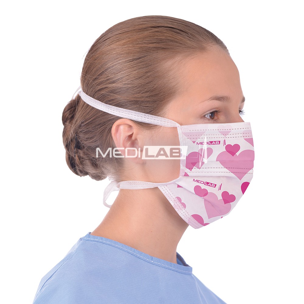 OP-Mundschutz 3-lg. zum Binden, rosa Herzchen