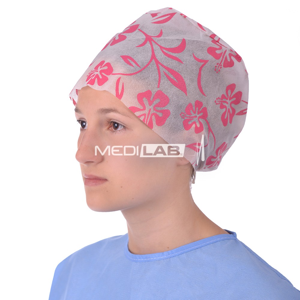 Surgical cap with rubber band, pink flowers