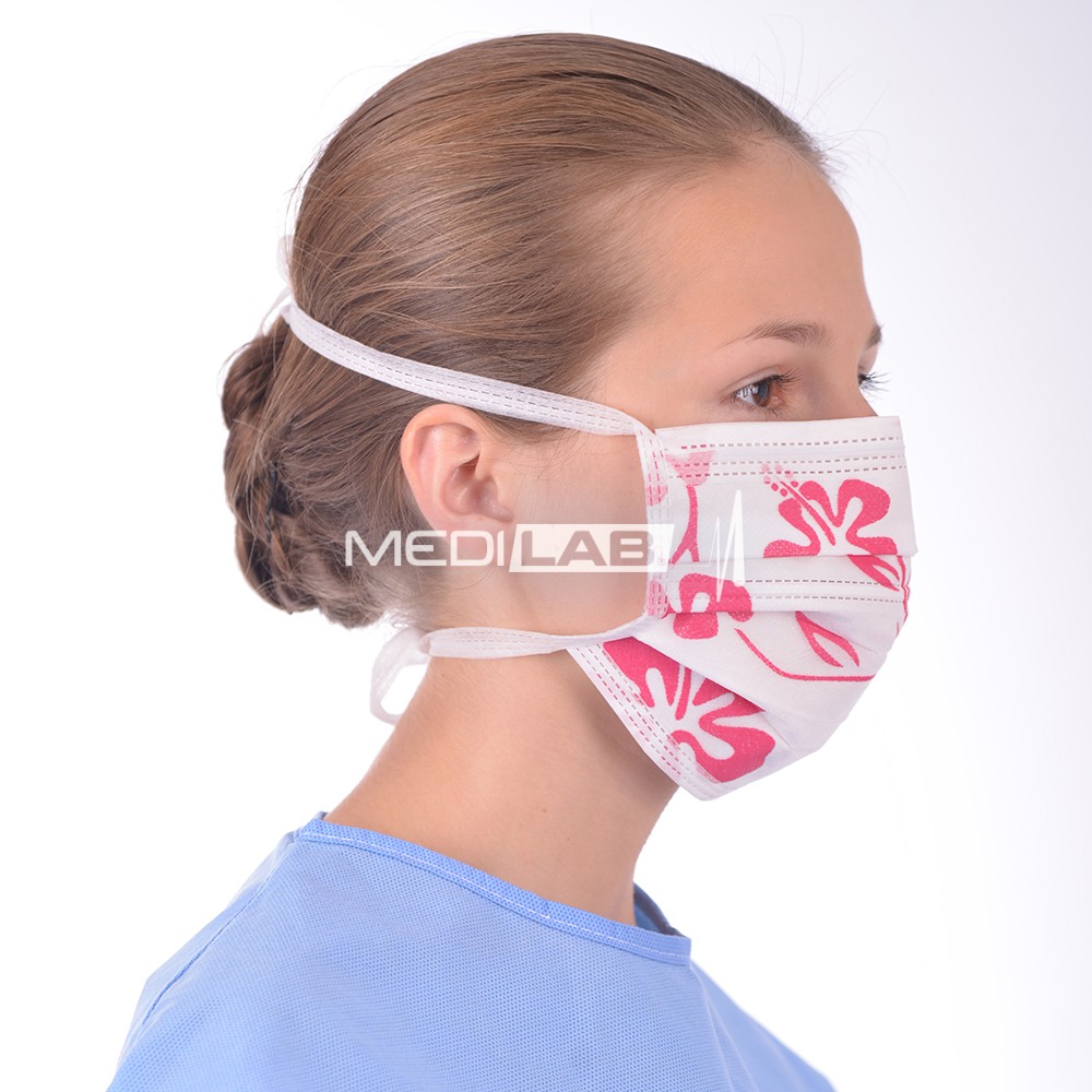 3-ply surgical face masks with tie-on, pink flowers