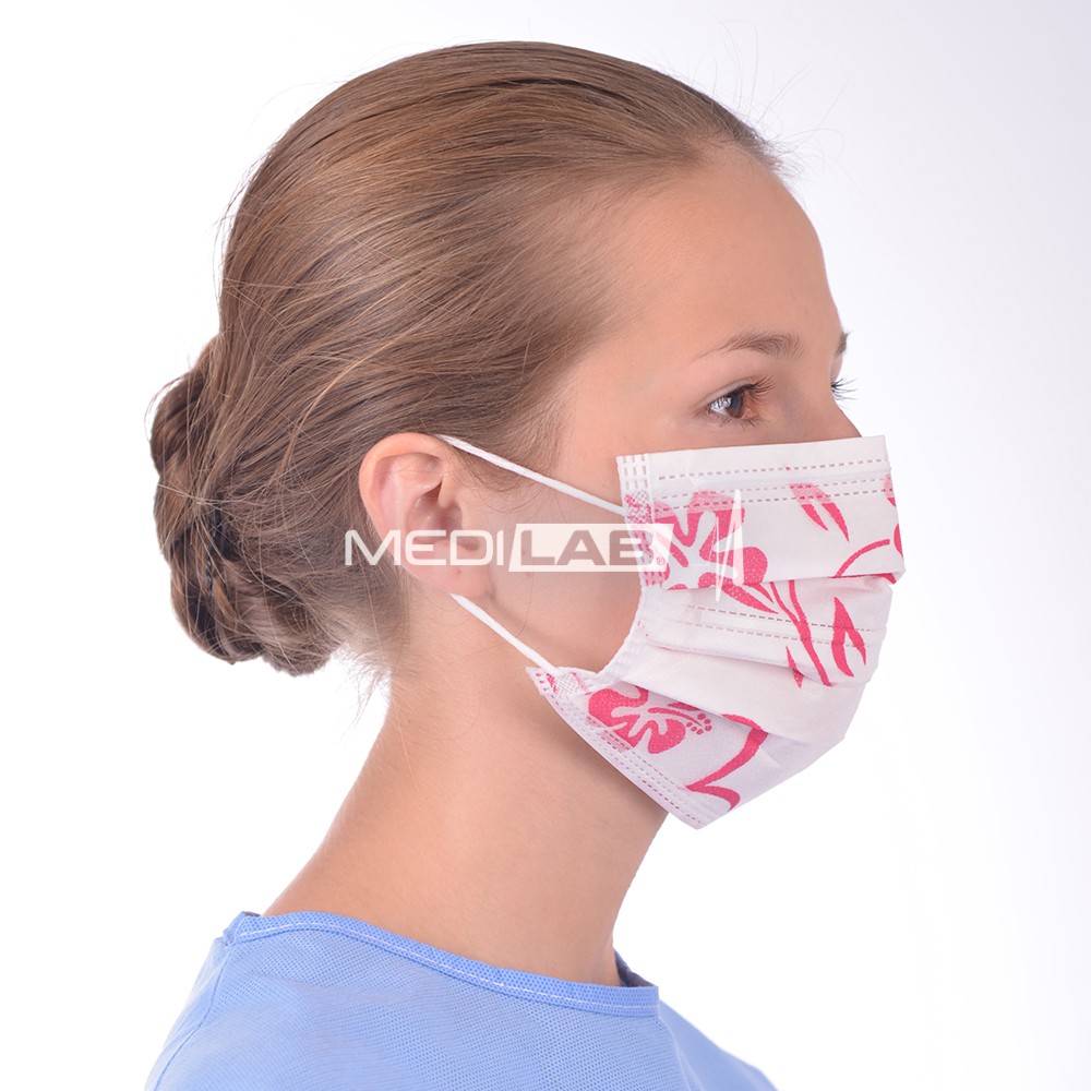 3-ply surgical face masks with rubber band, pink flowers