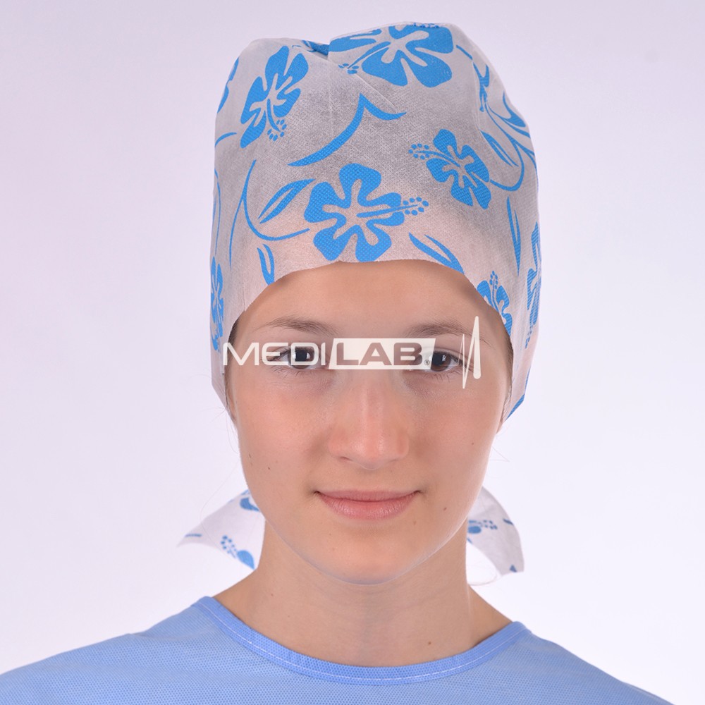 Surgical cap with tie-on, blue flowers