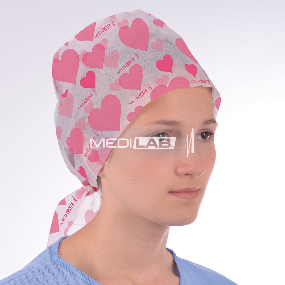 Surgical cap with tie-on, pink hearts