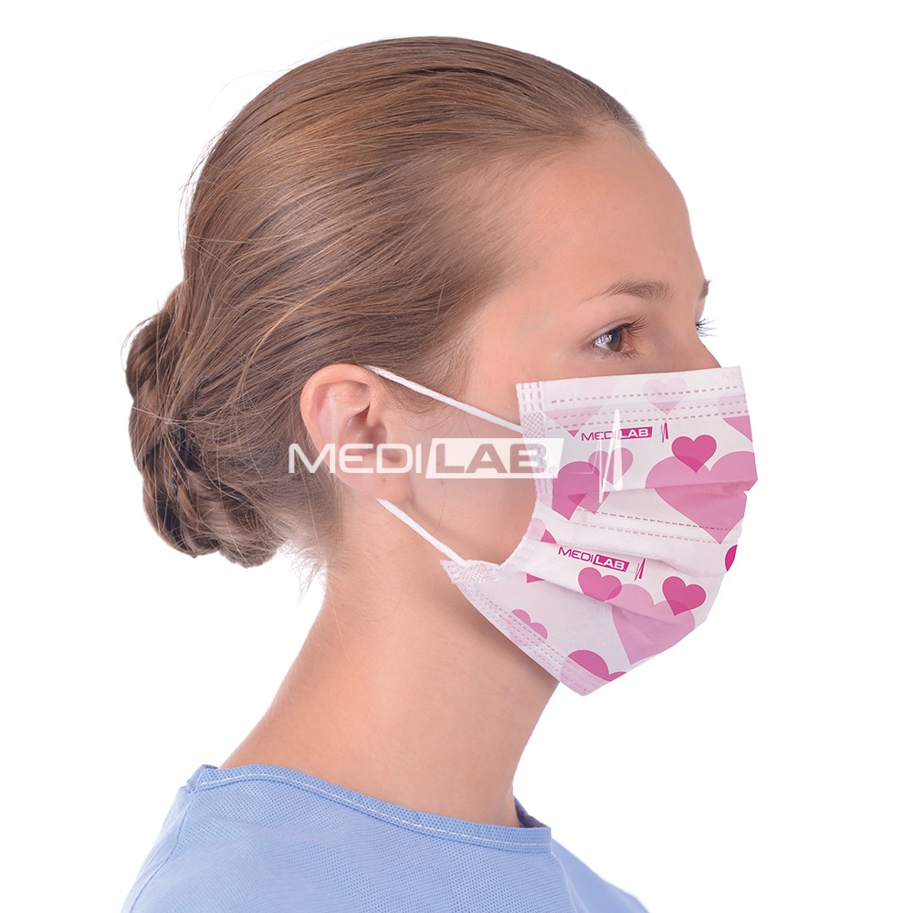 3-ply surgical face masks with rubber band, pink hearts
