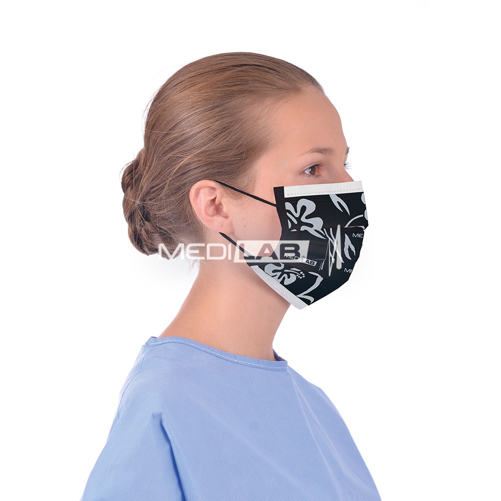 3-ply surgical face masks with rubber band, black with silver flowers
