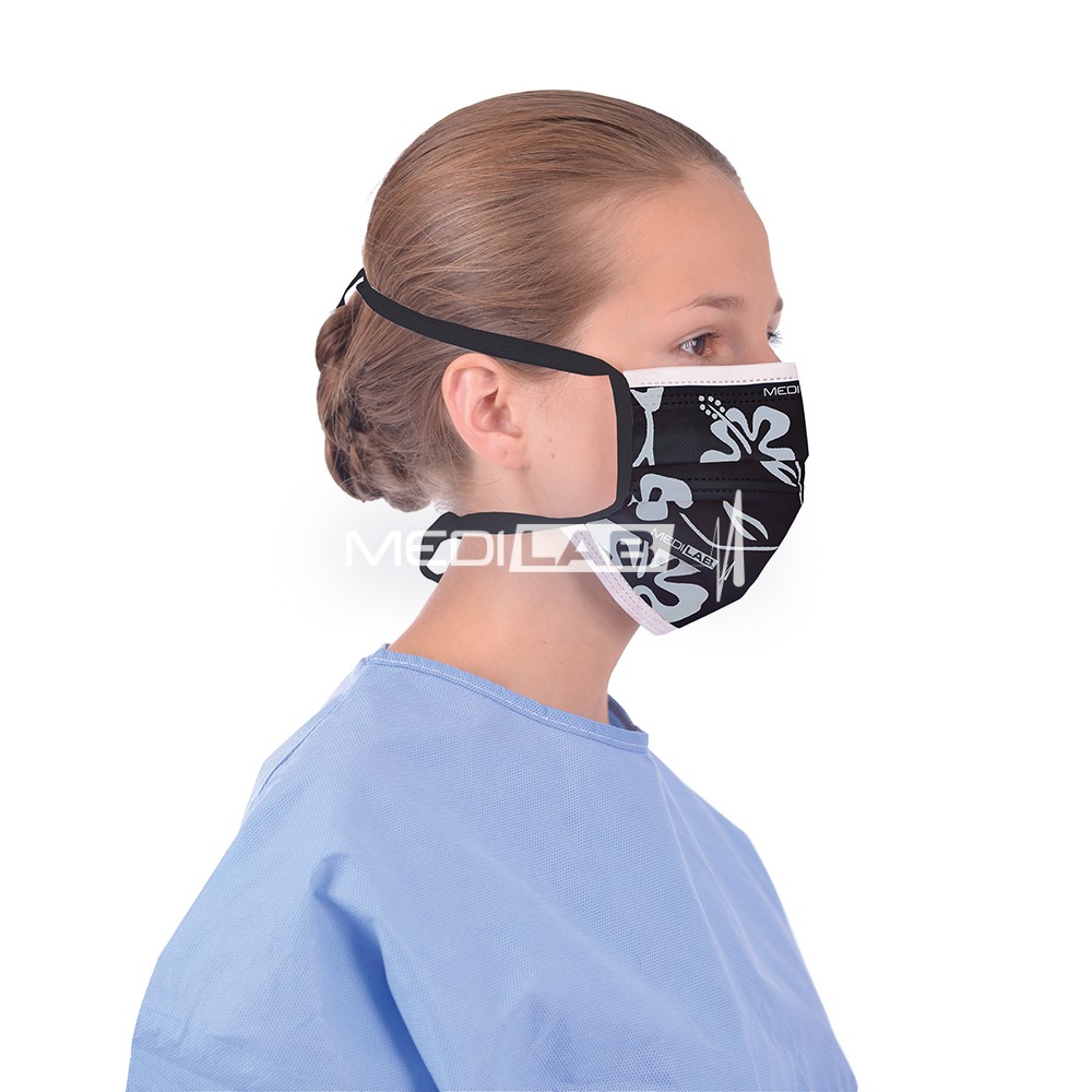 3-ply surgical face masks with tie-on, black with silver flowers
